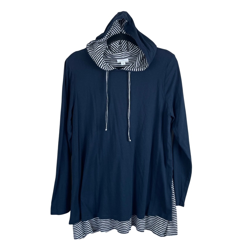 J. Jill Womens Navy Blue Striped Trim Layered Hem Hoodie Sweatshirt Size M